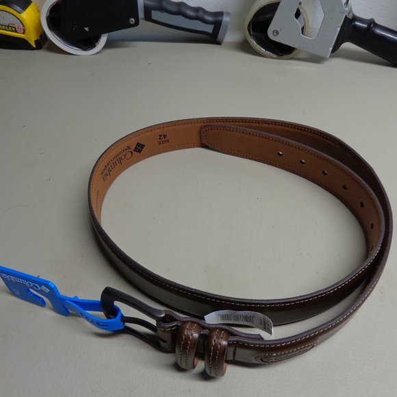 New Columbia brown leather double loop belt mens size 42 - Picture 2 of 7